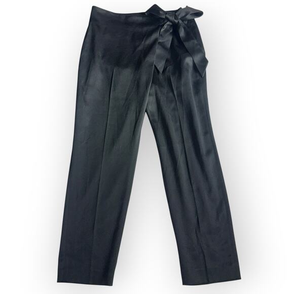 WHBM Womens Wide Leg Tie Waist Dress Pants Size 2P Black High Rise Tapered Ankle - Picture 2 of 12